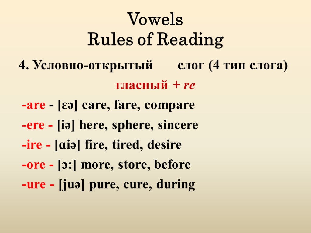 Vowels Rules of Reading 4. Условно-открытый слог (4 тип слога) гласный + re -are